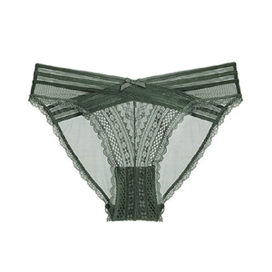 Sexy dark green lace briefs for women with breathable mesh and cross waist design