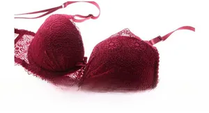 Close-up of wine red lace bra featuring intricate floral patterns and adjustable straps