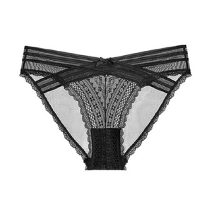 Sexy black lace panties for women featuring a cross-strap waist and delicate bow accent