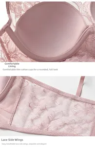 Close-up of pink lace bra featuring breathable cotton cups and elegant floral side wings