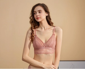 Detailed view of dusty rose lace bralette featuring delicate floral patterns and V-neckline