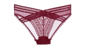 Lace and mesh breathable brief for women in dark red with cross strap and bow detail