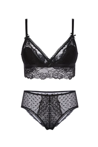 Detailed view of black floral lace lingerie set with mesh fabric and bow accents