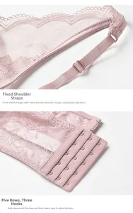 Detailed view of adjustable straps and five-row back closure on pink lace bra