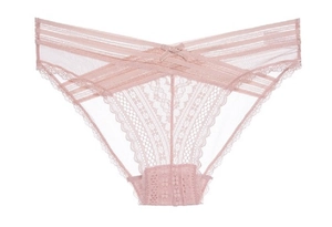 Breathable lace panties with cross-strap waist and bow accent in dusty rose pink