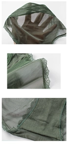 Detailed macro view of dark green sheer mesh fabric and elastic waistbands on lace panties