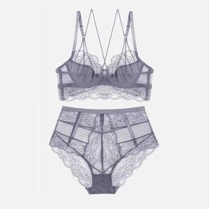 Sexy Lace Bra And Panty Lingerie Women Ultra Thin Breathable Gathered Transparent Floral Embroidery Underwear Coordinate