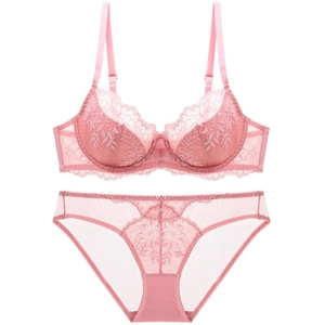 Ensemble de Lingerie pour Femmes Broderie de Dentelle Florale Soutien-Gorge Minimiseur à Armatures et Culotte Ensemble de Maille