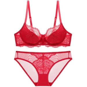 Ensemble de lingerie en dentelle rouge avec bonnets en coton fin et culotte en mesh