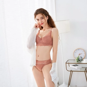 Lace lingerie set with soft memory wire bra and matching panties in dusty rose pink