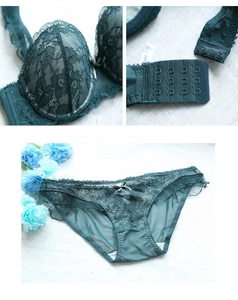 Détails d'un ensemble soutien-gorge en dentelle vert foncé avec étiquette de taille 75B