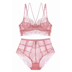Pink lace lingerie set featuring underwire bra and high-waisted briefs in romantic style