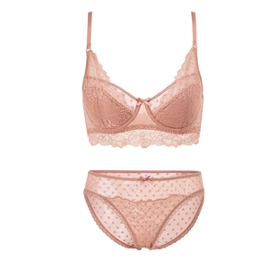 Summer lace lingerie set with soft steel ring bra and polka dot mesh panties in lotus pink