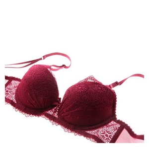 Elegant deep V push-up lace bra in wine red with adjustable straps and underwire support