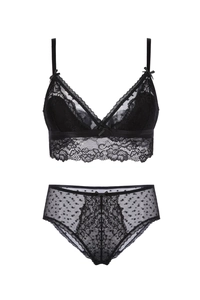 Détail d'un ensemble bralette en dentelle noire avec nœuds élégants et maille fleurie