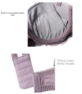 Détail du soutien-gorge en dentelle violette avec coussinets amovibles et agrafage triple