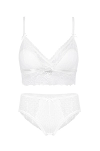 Détail d'un ensemble lingerie blanc avec soutien-gorge en dentelle et culotte en mesh