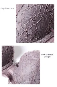 Détail du soutien-gorge en dentelle gris-violet avec motifs floraux et petit nœud en satin