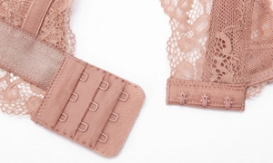 Vue macro d'un soutien-gorge en dentelle rose avec fermeture à trois crochets au dos