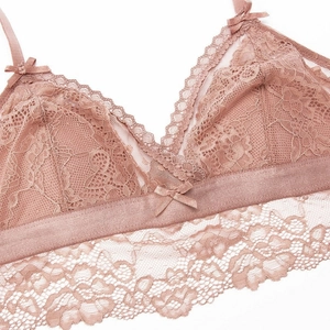 French style dusty pink lace bra set with floral texture and delicate bow details