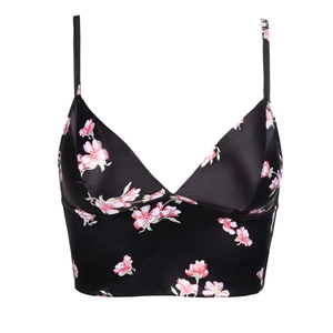 Satin wireless bra top in black with pink cherry blossom print and thin straps