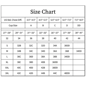Detailed size chart for sexy plus size wireless bras covering sizes S to 3XL