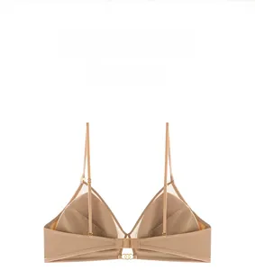 Detail of nude wireless bra showing versatile back straps and elegant metal ring hardware
