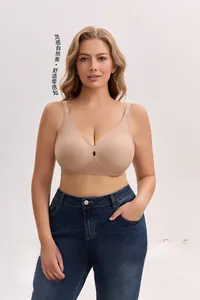 Detail of plus-size seamless nude bra with deep V-neck and center hollow design