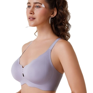 Lilac seamless push-up bra with scalloped edges and breathable cutout on model