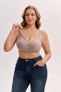 Close-up of light purple seamless wireless bra with wide lifting straps on a model