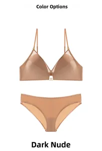 Detail of dark nude wireless bra and panties set with elegant gold ring hardware decoration