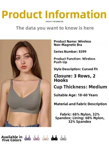 Detail list of seamless wire-free push-up bra with nylon spandex fabric and size chart
