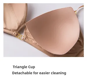 Detail of seamless triangle cups and removable pads with gold metal buckle hardware
