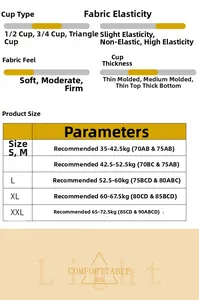 Detailed size chart for wireless seamless latex bra with cup measurements and weight guide