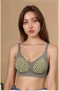 Detailed view of women's seamless grey wireless bra featuring 360 degree 3D support technology