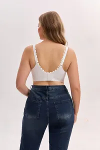 U-shaped back design on white plus-size seamless wireless bra for smooth back lines