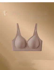 Detail of coffee brown wire-free bra featuring seamless molded cups and fine texture