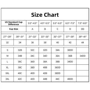 Tabella taglie per reggiseno senza cuciture con coppe A-DD e taglie internazionali S-3XL
