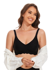 Detail of black wireless bra featuring scalloped edges and seamless deep V-neck design