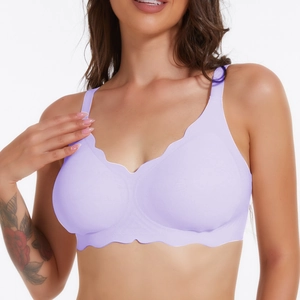 Seamless lavender wireless bra with scalloped edges and wide straps on white background