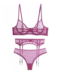 Detailed flat lay of a purple mesh lingerie set with underwired bra and garter belt