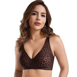 Soutien-gorge sans couture imprimé léopard sans armature avec col en V et larges bretelles