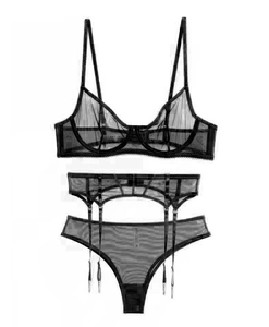 Detailed view of black sheer mesh lingerie set with vertical stripe texture and garter belt