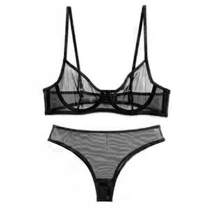 Detailed view of sheer black mesh lingerie set featuring underwire bra and matching thong