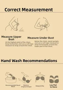 Size guide and washing instructions for wire-free bras showing measurement steps and care tips