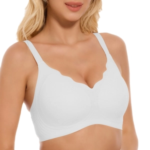 Seamless white wireless bra with wide shoulder straps and elegant scalloped lace edges