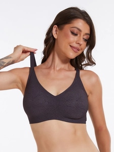 Close-up of deep purple wireless bralette with leaf vein texture and wide straps