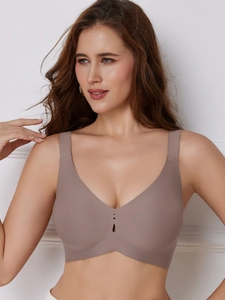 Reggiseno senza cuciture marrone con scollo a V e dettagli traforati traspiranti sul davanti
