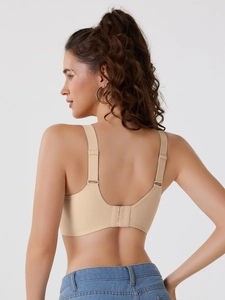 Back view of seamless beige bra featuring wide straps and U-shaped design for comfort
