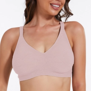 Seamless light pink non-wired bra with leaf texture and wide straps for daily comfort